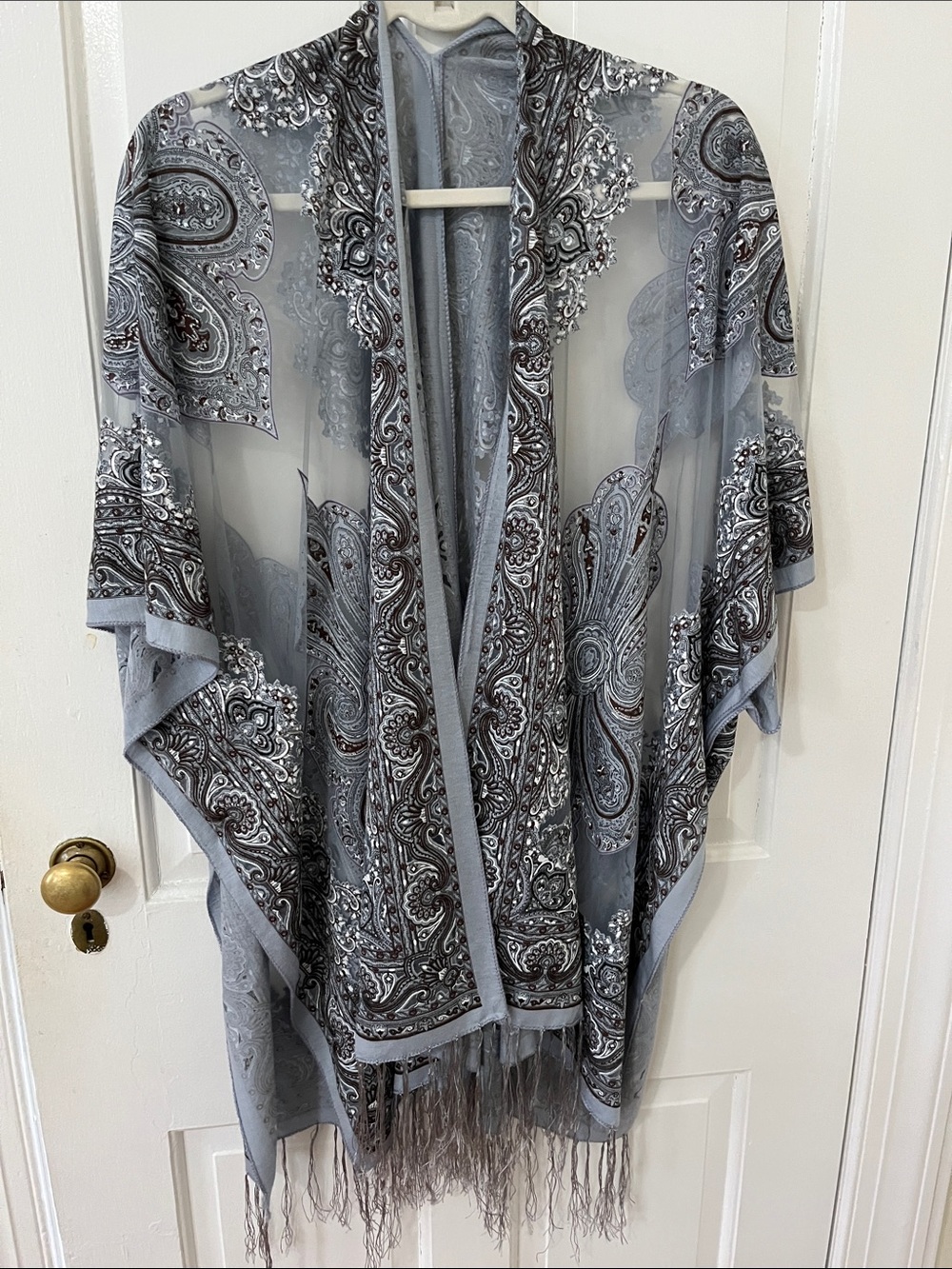Zoe Madison Paisley Fringe Kimono by Madison in Gray & Brown